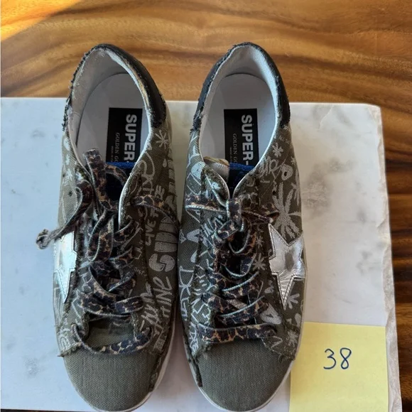 Golden Goose SuperStar Olive and White Graffiti Sneakers with Silver Star